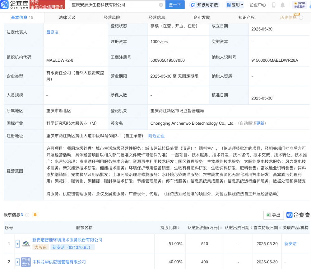 新安潔資成立重慶新生物科技公司，布局畜牧漁業飼料銷售領域